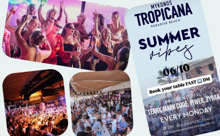 Tropicana Mykonos Party: Djs Terry, Merk Code, Pier, and Zyrak on the decks of Tropicana, Monday October 6th 2025 Are you ready to live the experience? [pics & vids]